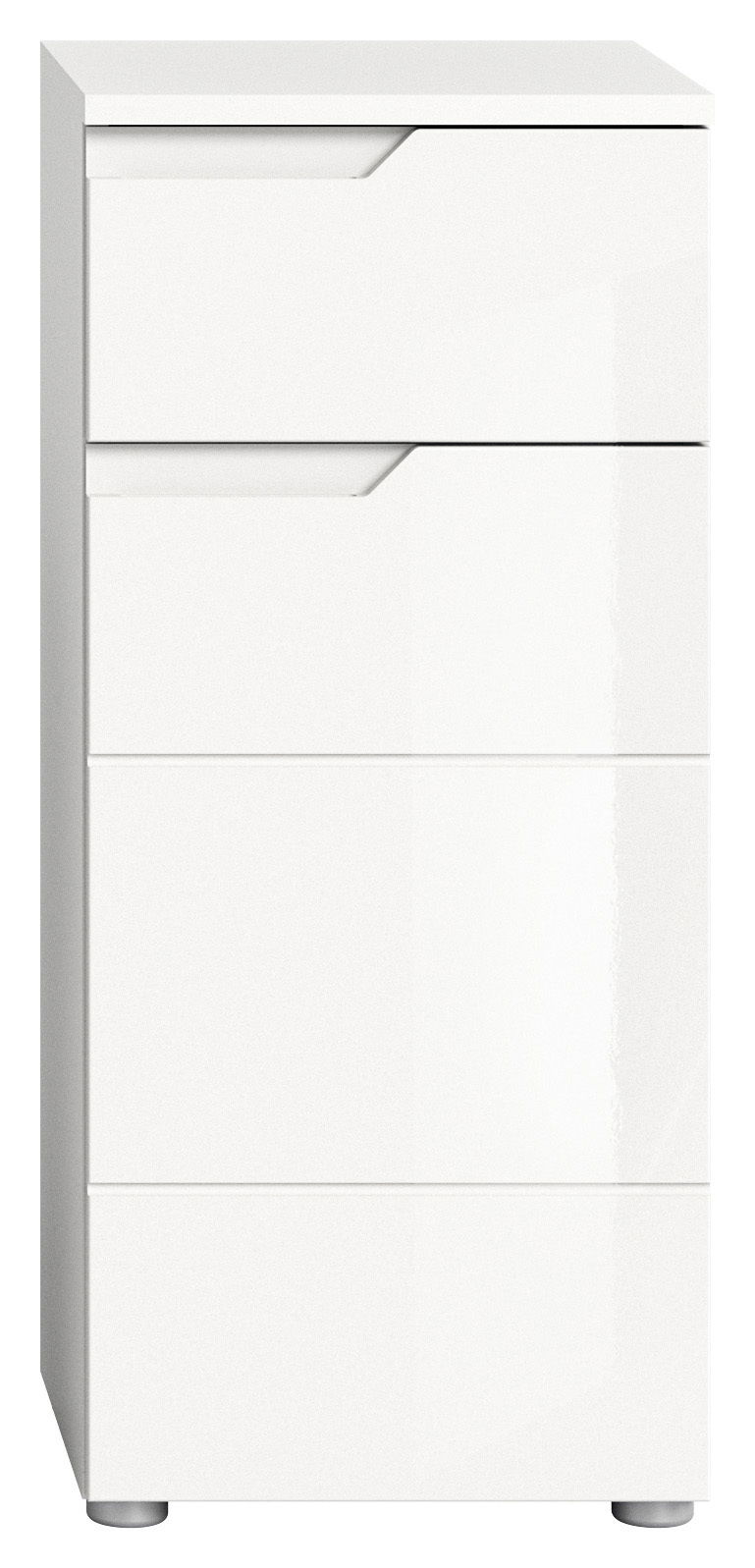 Weißer Standschrank mit drei Schubladen, frontal abgebildet.