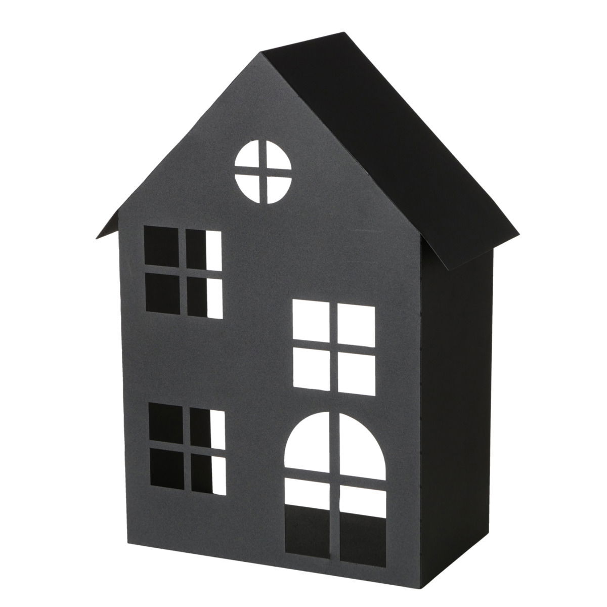 Schwarzes Windlicht in Form eines Hauses mit ausgeschnittenen Fenstern und Türen, seitliche Perspektive