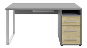 Moderner Schreibtisch mit grauer Tischplatte und drei Holzschubladen, Frontalansicht