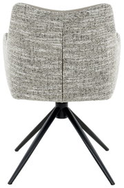 Achterkant van een moderne fauteuil met grijze stoffen bekleding en zwarte metalen poten.