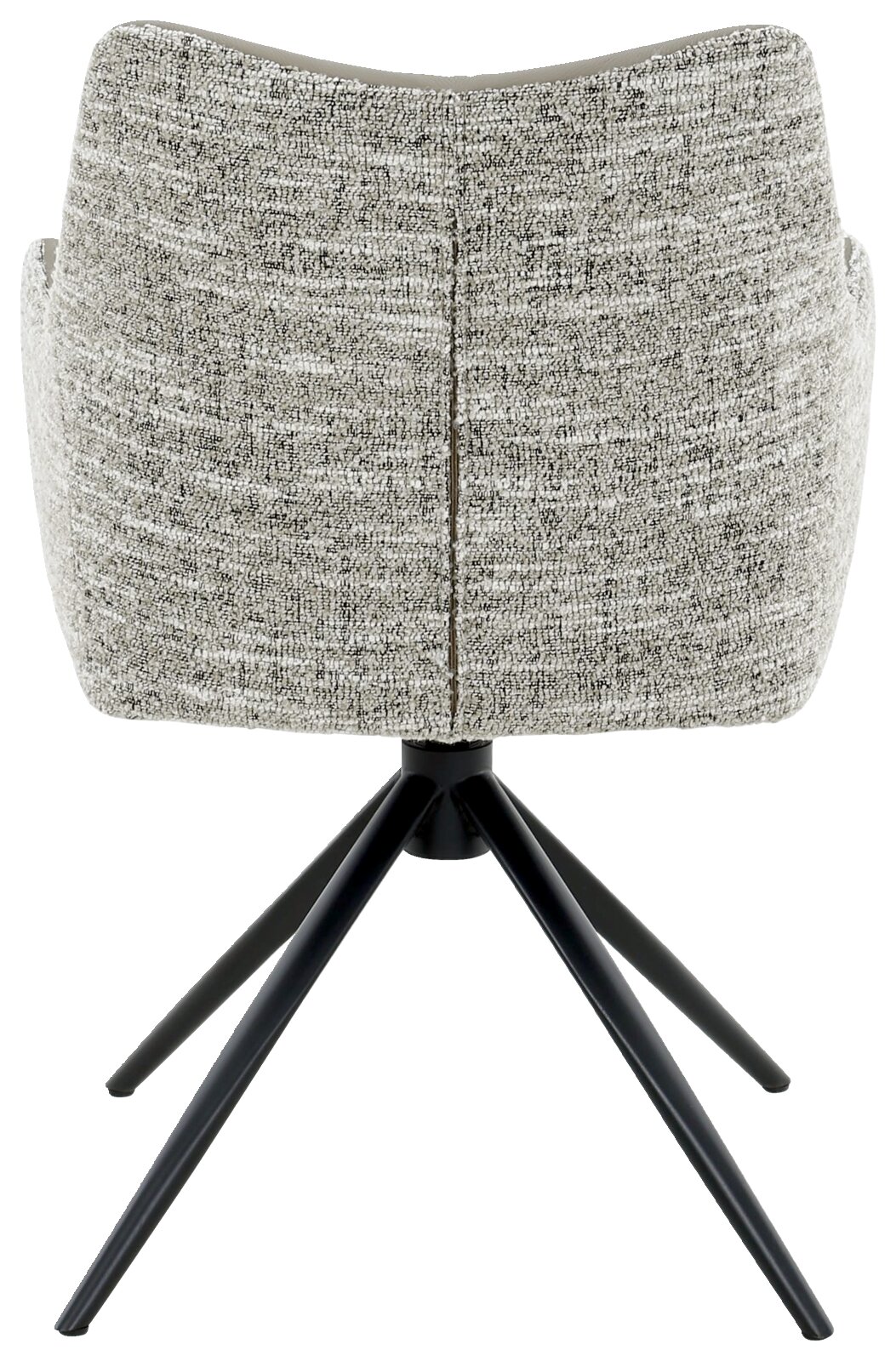 Achterkant van een moderne fauteuil met grijze stoffen bekleding en zwarte metalen poten.