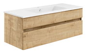 Waschtisch mit Holzoptik und zwei Schubladen, seitliche Perspektive