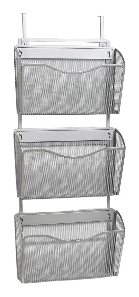 Wand- oder Tür-Magazinhalter aus Metall mit drei Fächern, frontal abgebildet.