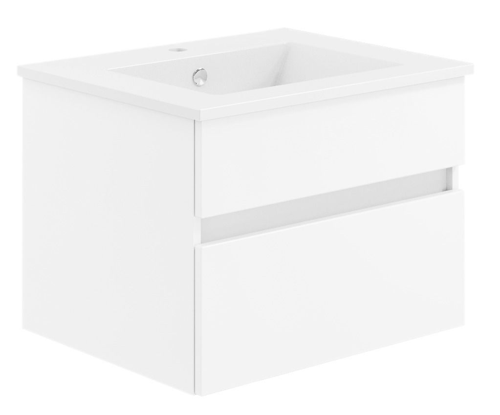 Weiße Badkombination aus der Serie NEXT4YOU von Puris, perspektivisch von vorne links gezeigt.