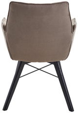 Rückansicht eines Armlehnenstuhls mit braunem Stoffbezug und schwarzen Holzbeinen.