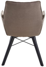 Rückansicht eines Armlehnenstuhls mit braunem Stoffbezug und schwarzen Holzbeinen.