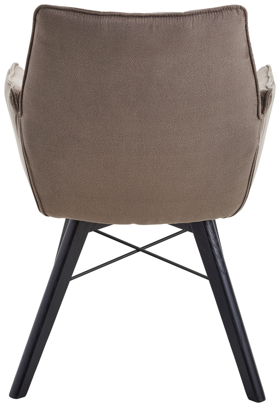 Rückansicht eines Armlehnenstuhls mit braunem Stoffbezug und schwarzen Holzbeinen.