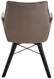 Rückansicht eines Armlehnenstuhls mit braunem Stoffbezug und schwarzen Holzbeinen.