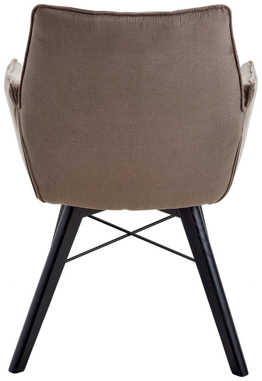 Rückansicht eines Armlehnenstuhls mit braunem Stoffbezug und schwarzen Holzbeinen.