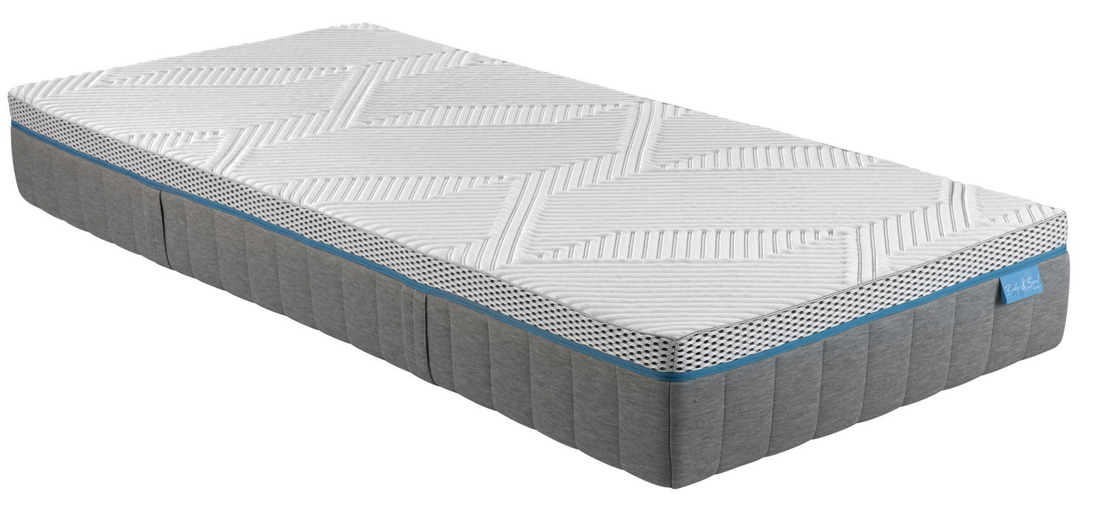 Perspektivische Ansicht einer 90x200 cm großen Matratze mit extra festem Liegekomfort, grauer Seitenfläche und weißem Oberbezug mit geometrischem Muster.