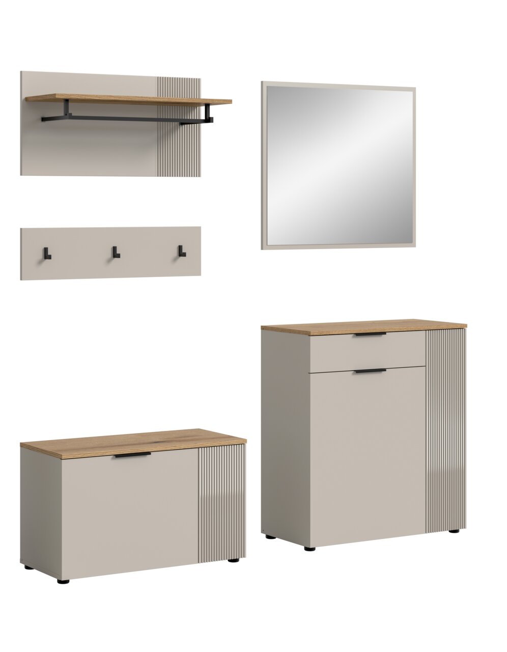 Garderobenkombination bestehend aus einem Wandregal mit Holzablage und schwarzen Halterungen, einem Spiegel, einer Hakenleiste, einer Sitzbank mit Stauraum und einem Schuhschrank, frontal abgebildet.