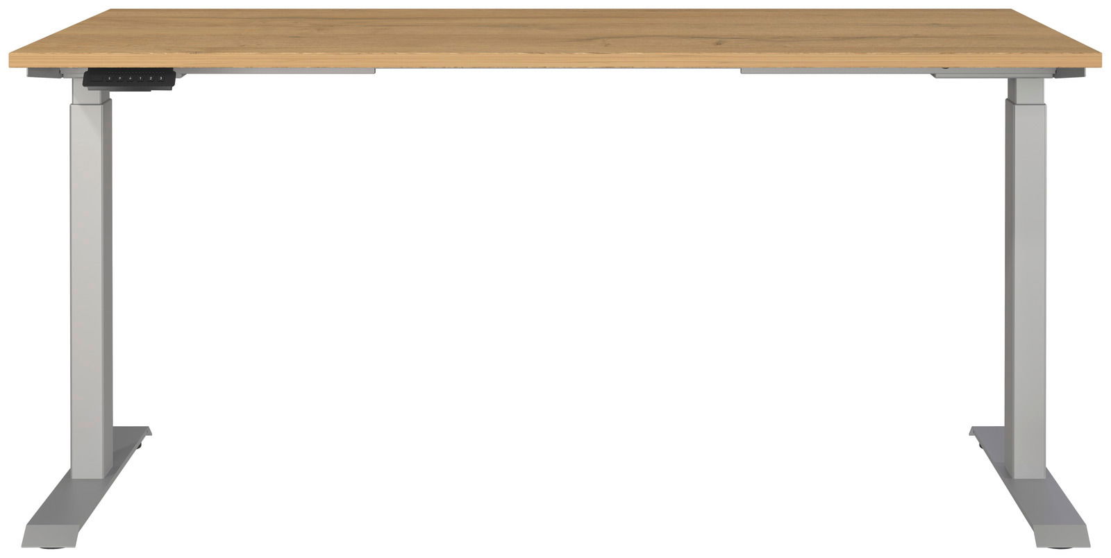 Elektrisch höhenverstellbarer Schreibtisch mit Holzplatte und grauem Gestell, Frontalansicht