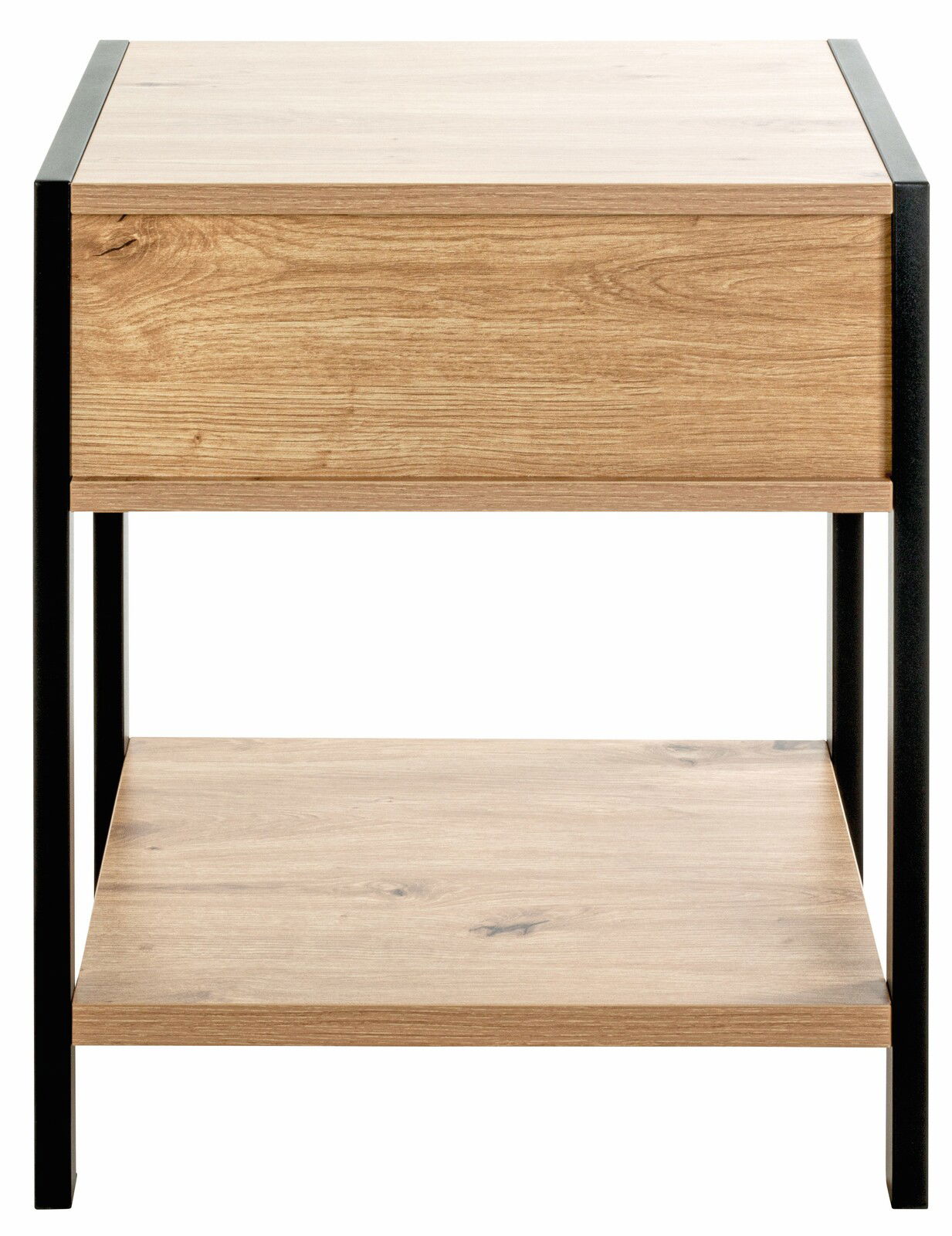 Nachtkommode aus Holz mit schwarzem Metallrahmen, Frontansicht