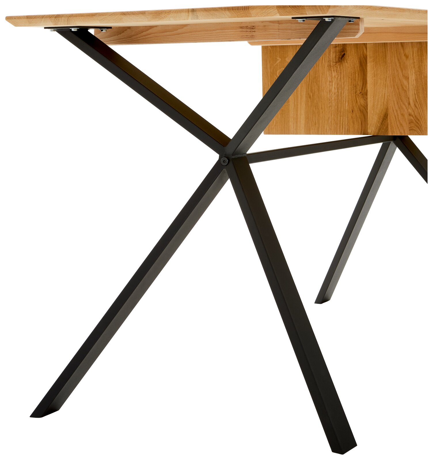 Moderner Schreibtisch mit Holzplatte und schwarzen Metallbeinen, seitliche Perspektive