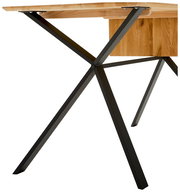 Moderner Schreibtisch mit Holzplatte und schwarzen Metallbeinen, seitliche Perspektive