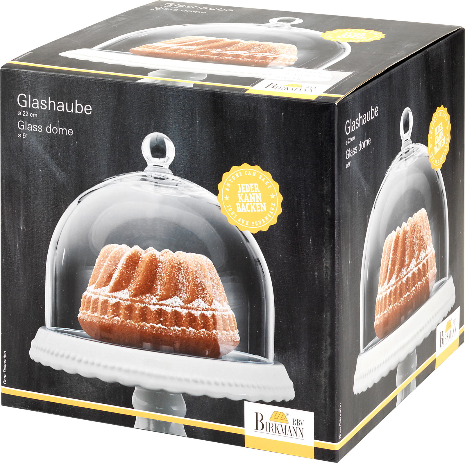 Glashaube mit einem Durchmesser von 22 cm, präsentiert auf einer Verpackung mit einem Kuchen darunter, seitliche Perspektive