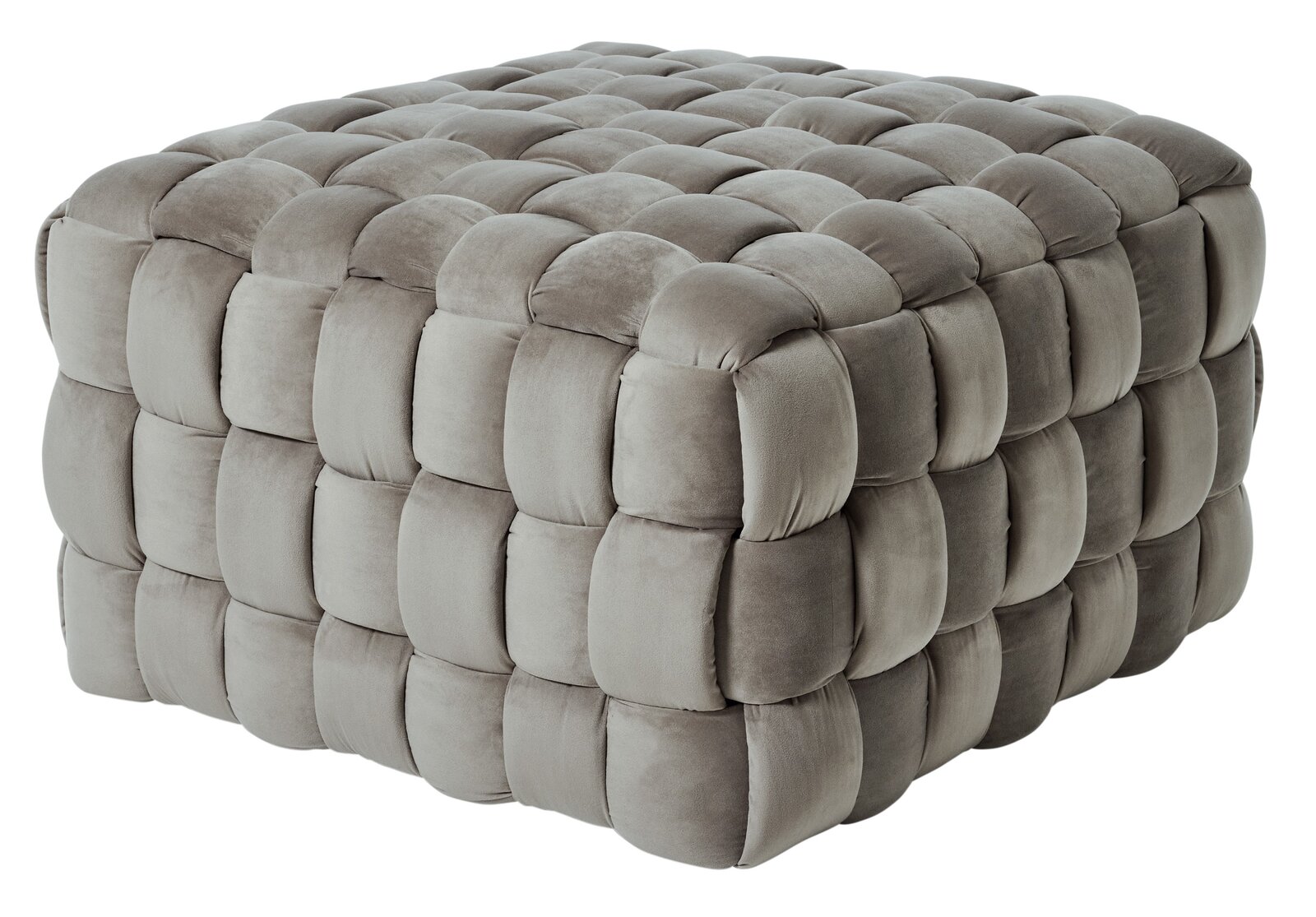 Grauer, gepolsterter Hocker in Würfelform mit weicher, gesteppter Oberfläche, seitliche Perspektive