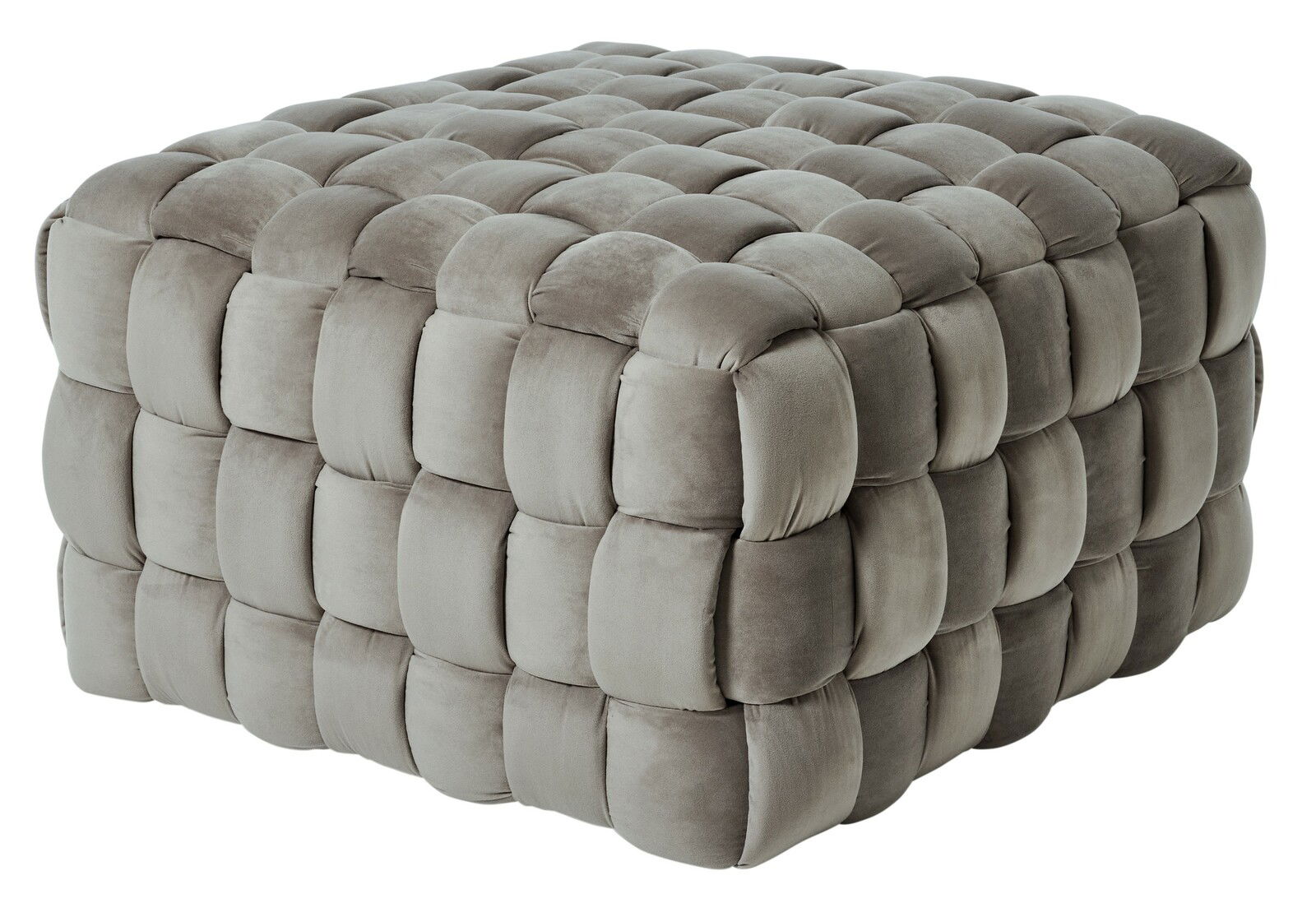 Grauer, gepolsterter Hocker in Würfelform mit weicher, gesteppter Oberfläche, seitliche Perspektive