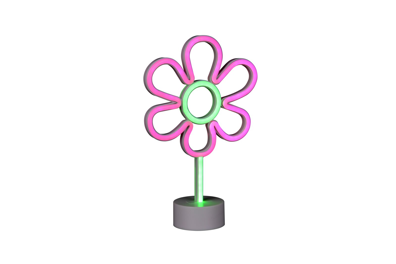 Neon-ledlamp in de vorm van een bloem met roze bloemblaadjes en een groene steel op een grijze voet, vooraanzicht op een witte achtergrond