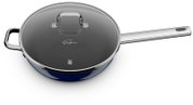 Wok met steel 28 cm met deksel, zijaanzicht, glanzende roestvrijstalen handgreep en glazen deksel