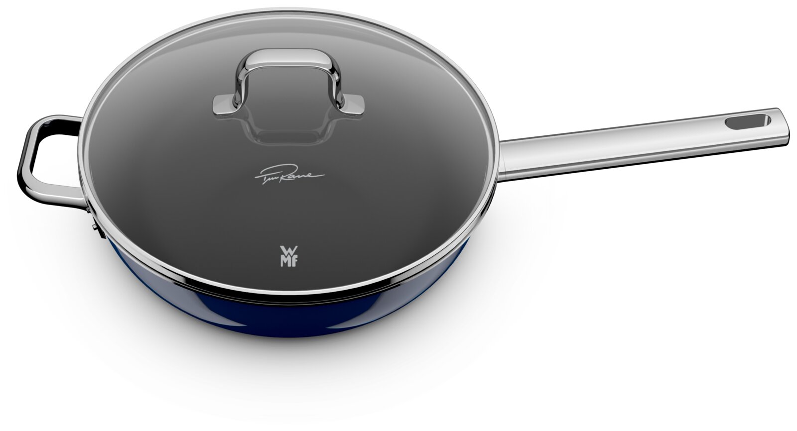 Wok met steel 28 cm met deksel, zijaanzicht, glanzende roestvrijstalen handgreep en glazen deksel