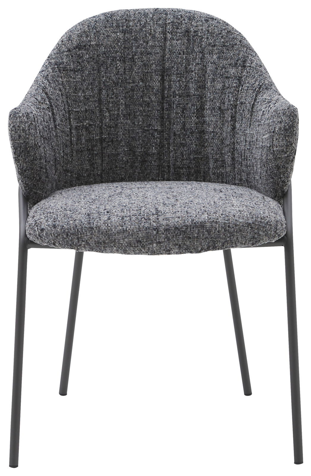 Grauer Armlehnstuhl mit gepolstertem Sitz und Rückenlehne, Vorderansicht