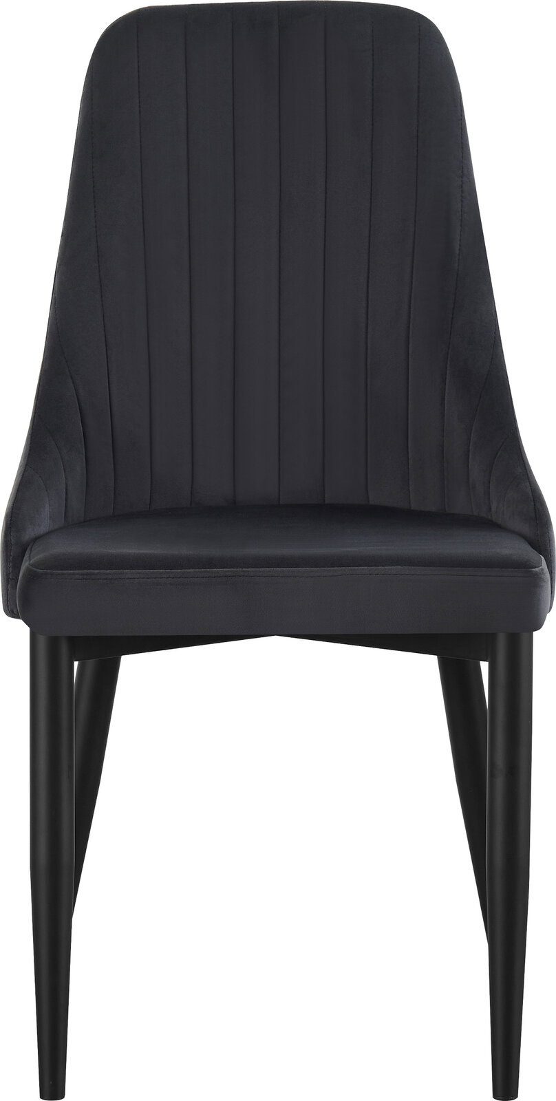 Schwarzer Polsterstuhl mit hoher, vertikal gesteppten Rückenlehne und schwarzen Beinen, Frontansicht