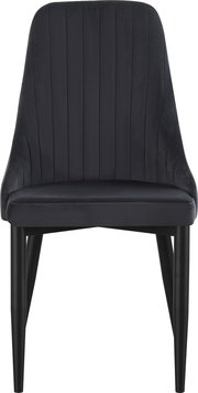 Schwarzer Polsterstuhl mit hoher, vertikal gesteppten Rückenlehne und schwarzen Beinen, Frontansicht