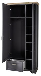 Offener Garderobenschrank in dunklem Grau mit Holzakzent oben, zeigt Innenfächer, Kleiderstange und Schublade, Perspektive von vorne.