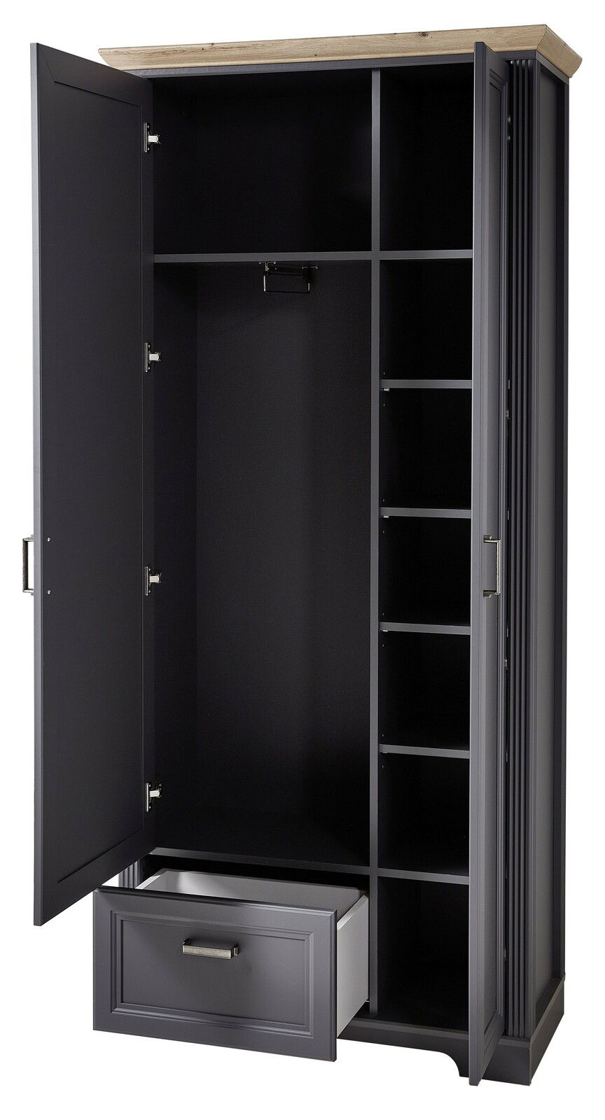 Offener Garderobenschrank in dunklem Grau mit Holzakzent oben, zeigt Innenfächer, Kleiderstange und Schublade, Perspektive von vorne.
