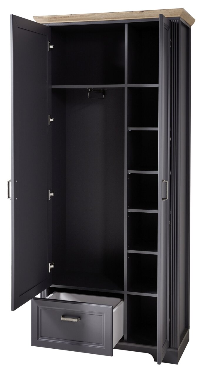 Offener Garderobenschrank in dunklem Grau mit Holzakzent oben, zeigt Innenfächer, Kleiderstange und Schublade, Perspektive von vorne.