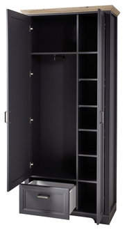 Offener Garderobenschrank in dunklem Grau mit Holzakzent oben, zeigt Innenfächer, Kleiderstange und Schublade, Perspektive von vorne.