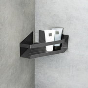 Eckablage Meleto in Gunmetall-Farbe, montiert in einer Ecke, mit zwei Tuben darauf, seitliche Perspektive