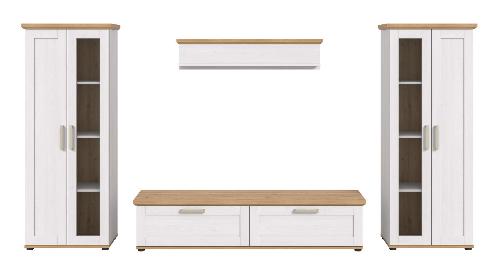 Wohnkombination in Weiß und Holzoptik, bestehend aus zwei hohen Vitrinenschränken, einem TV-Lowboard und einem Wandregal, frontal betrachtet.