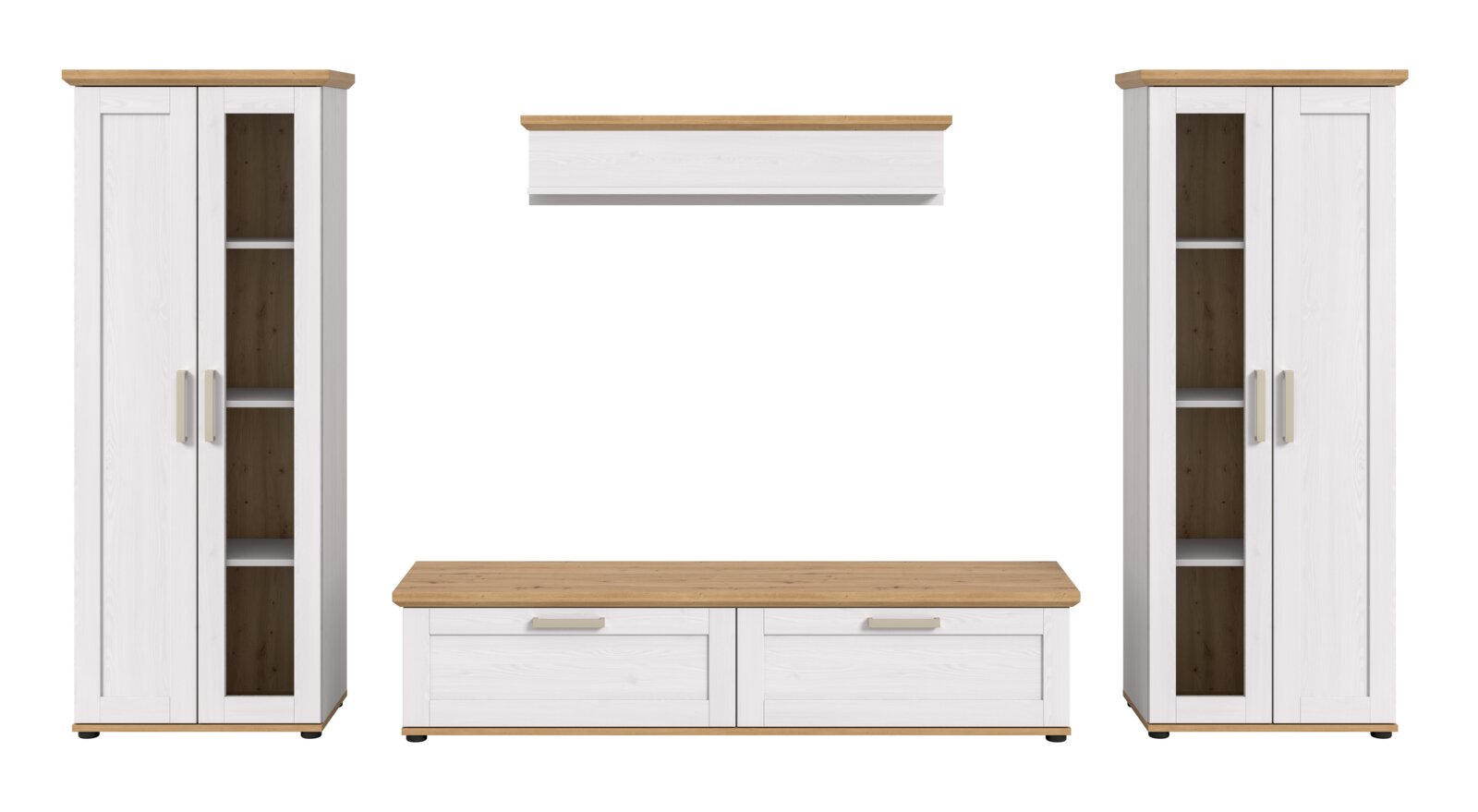 Wohnkombination in Weiß und Holzoptik, bestehend aus zwei hohen Vitrinenschränken, einem TV-Lowboard und einem Wandregal, frontal betrachtet.