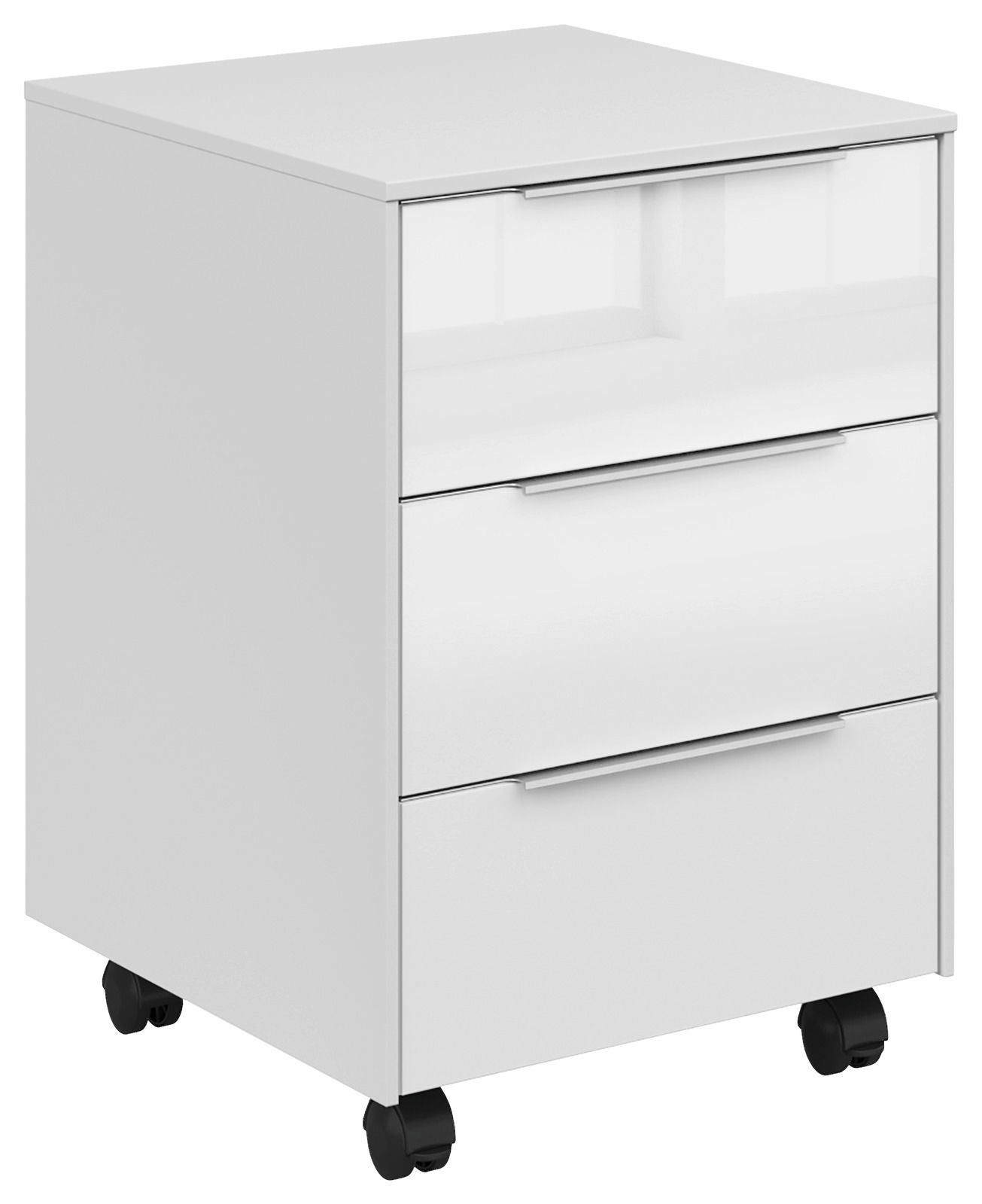 Voleo Rollcontainer NEVADA Weißer Rollcontainer mit drei Schubladen, auf Rollen, seitliche Perspektive