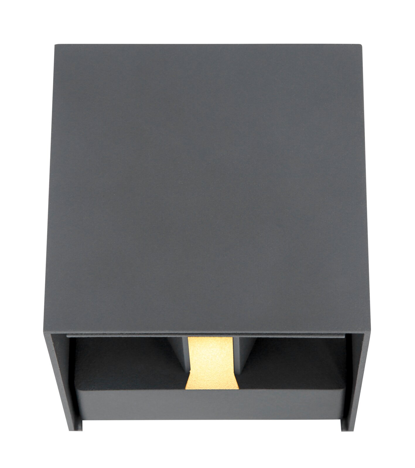 Moderne Außenleuchte in quadratischer Form, Ansicht von vorne, mit grauer Oberfläche und goldfarbenem Akzent.