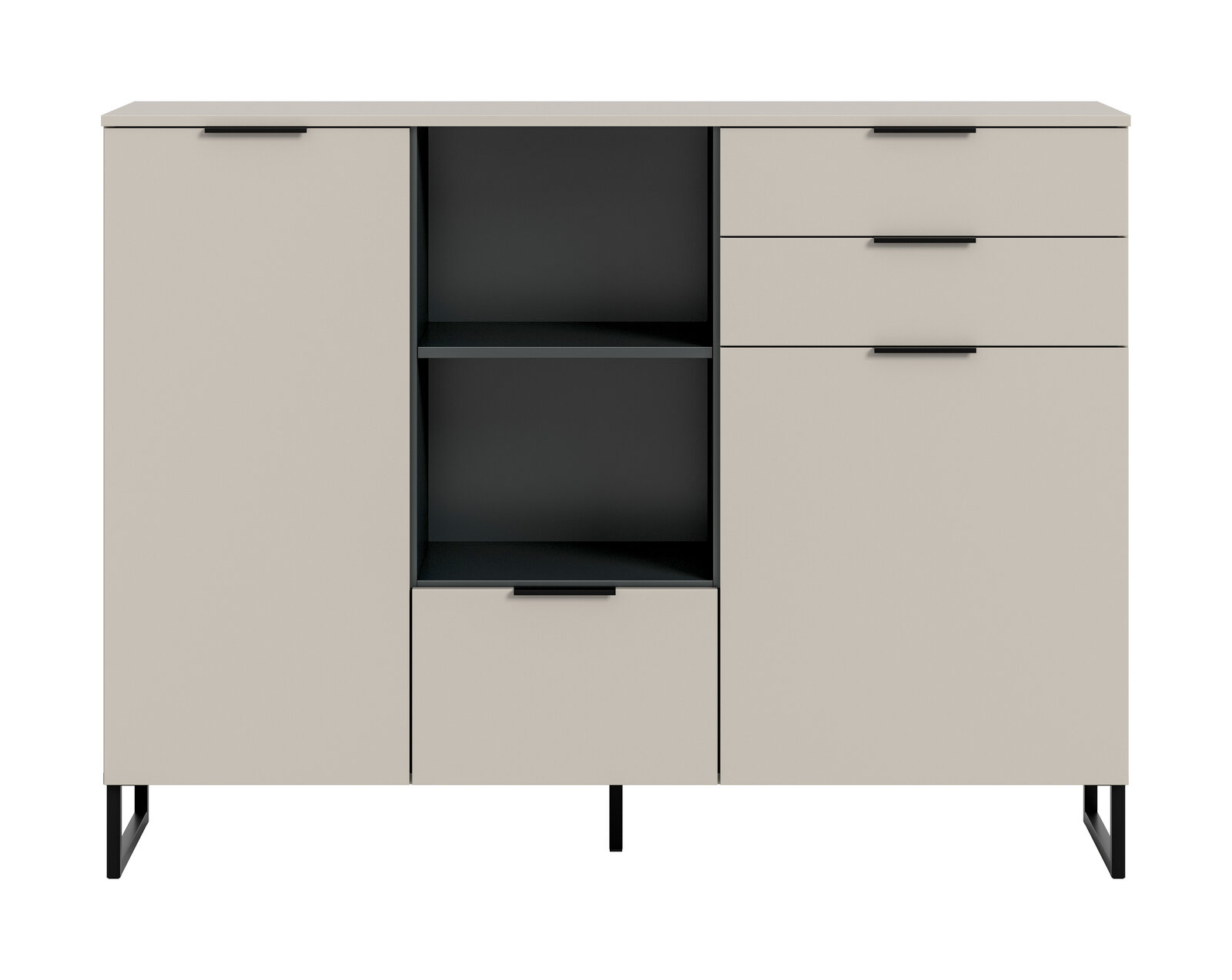 Moderne Anrichte/Sideboard in Beige mit schwarzen Griffen und schwarzen Metallfüßen, links und rechts je eine Tür, rechts drei Schubladen, mittig offene Regalfächer und unten eine Klappe, Frontansicht.