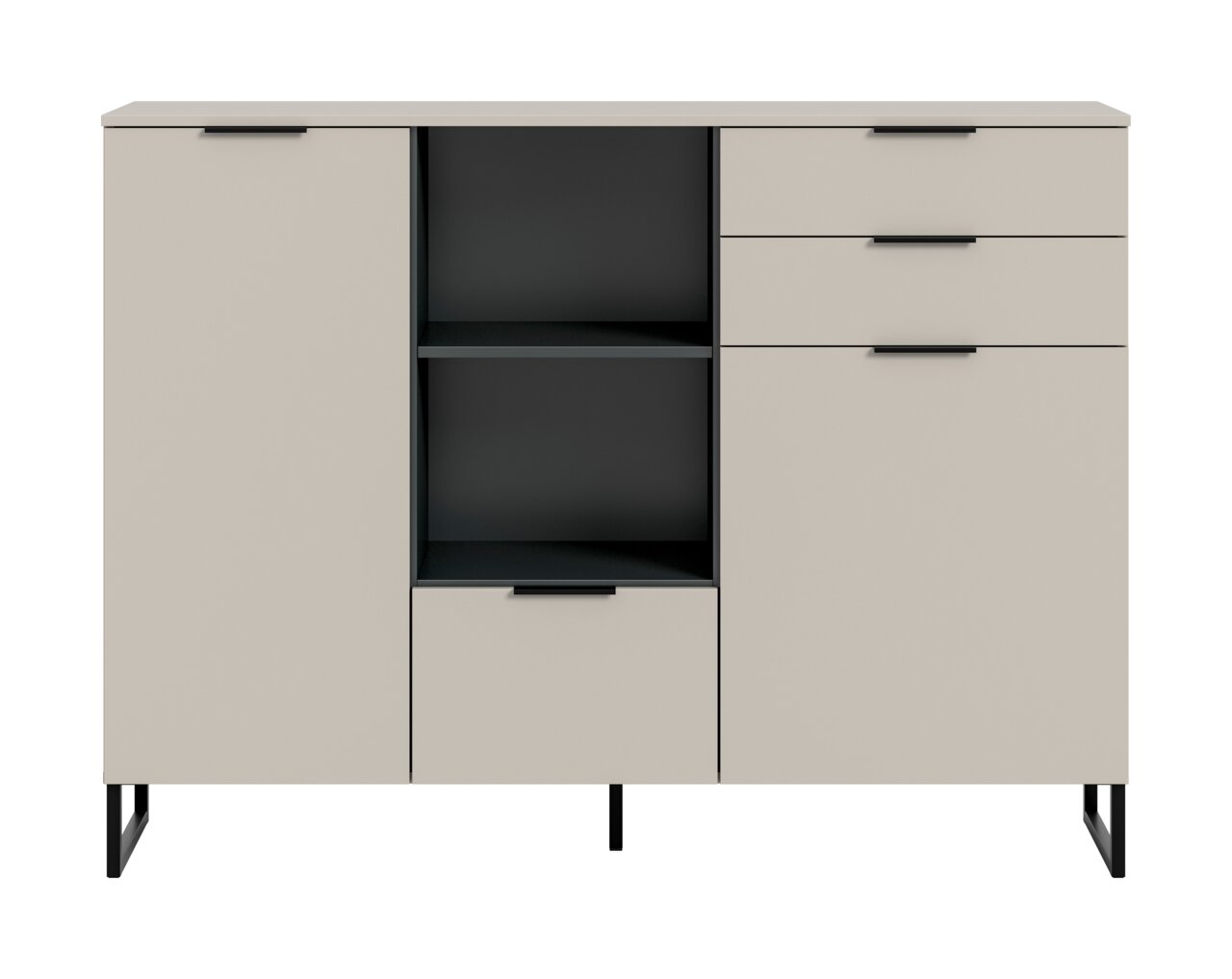 Moderne Anrichte/Sideboard in Beige mit schwarzen Griffen und schwarzen Metallfüßen, links und rechts je eine Tür, rechts drei Schubladen, mittig offene Regalfächer und unten eine Klappe, Frontansicht.