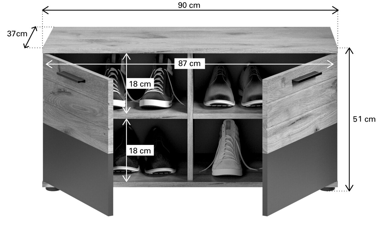 Schuhschrank mit zwei offenen Türen, sechs Fächern und Maßen 90 cm Breite, 37 cm Tiefe, 51 cm Höhe. Frontansicht.