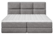 Frontale Ansicht eines grauen Boxspringbetts mit gepolstertem Kopfteil und weißer Matratze.