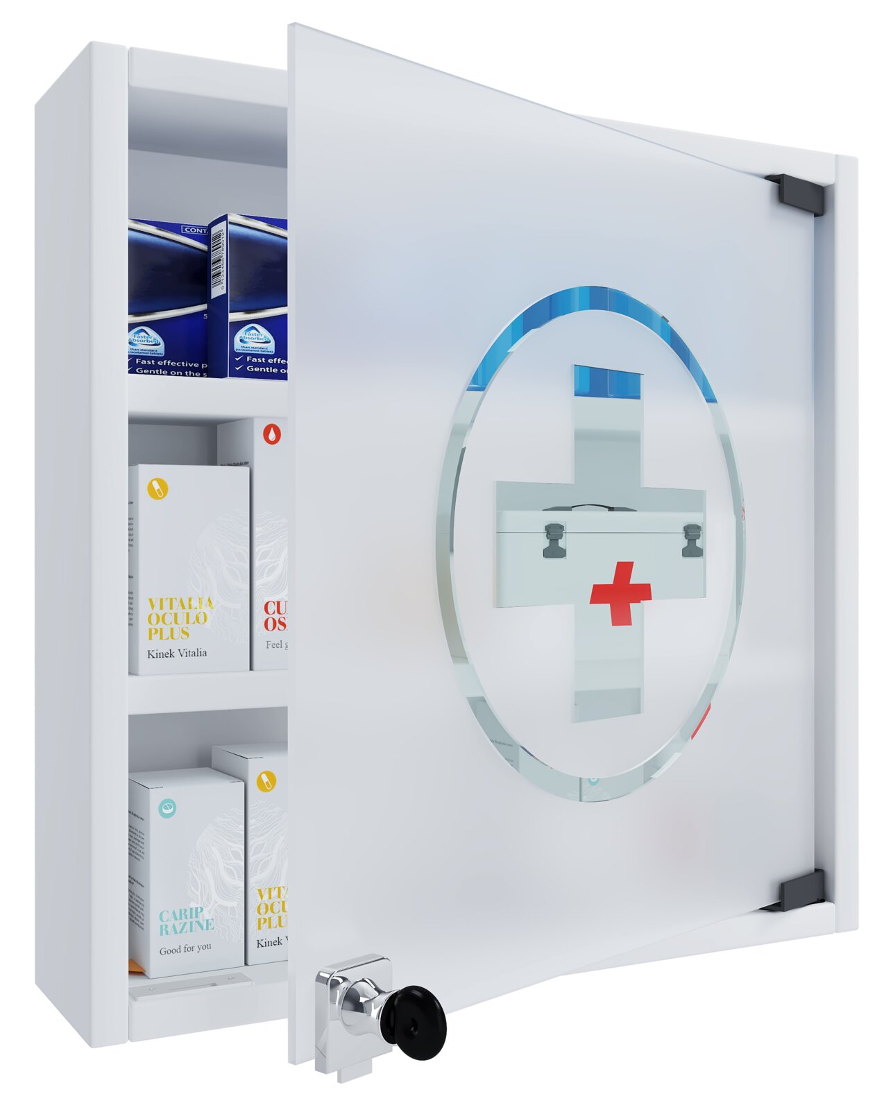 Weißer Medizinschrank/Apothekerschrank mit teilweise geöffneter Glastür, rundem Symbol mit rotem Kreuz und sichtbaren Medikamentenschachteln im Inneren, perspektivische Frontansicht schräg von rechts.