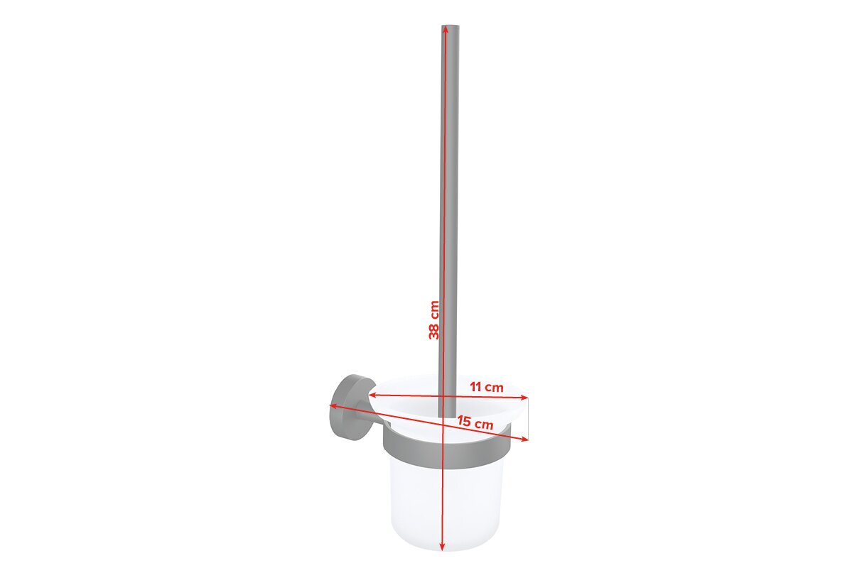 Zijaanzicht van een zwarte toiletborstelhouder van het merk tesa MOON met wandbevestiging, 38 cm hoog, 15 cm diep.