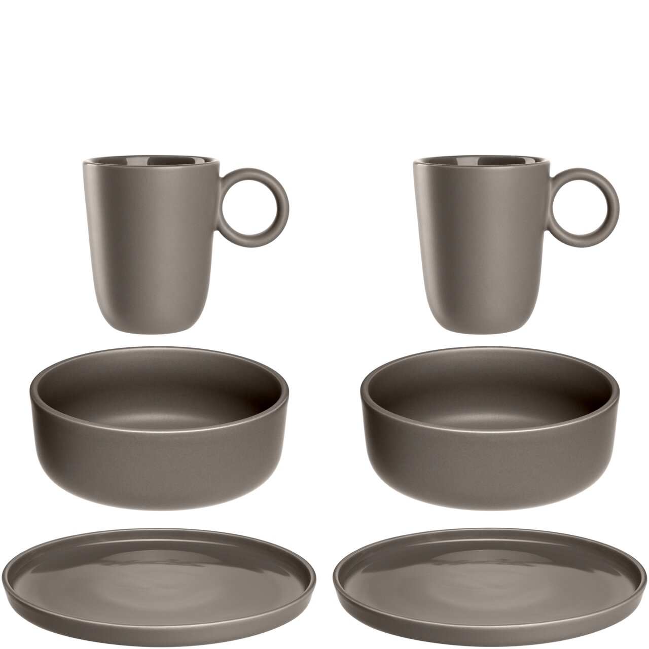 Leonardo Frühstücksset 6-tlg. ROMA Frühstücksset 6-tlg. in Taupe, bestehend aus zwei Tassen, zwei Schalen und zwei Tellern, aus der Vogelperspektive.