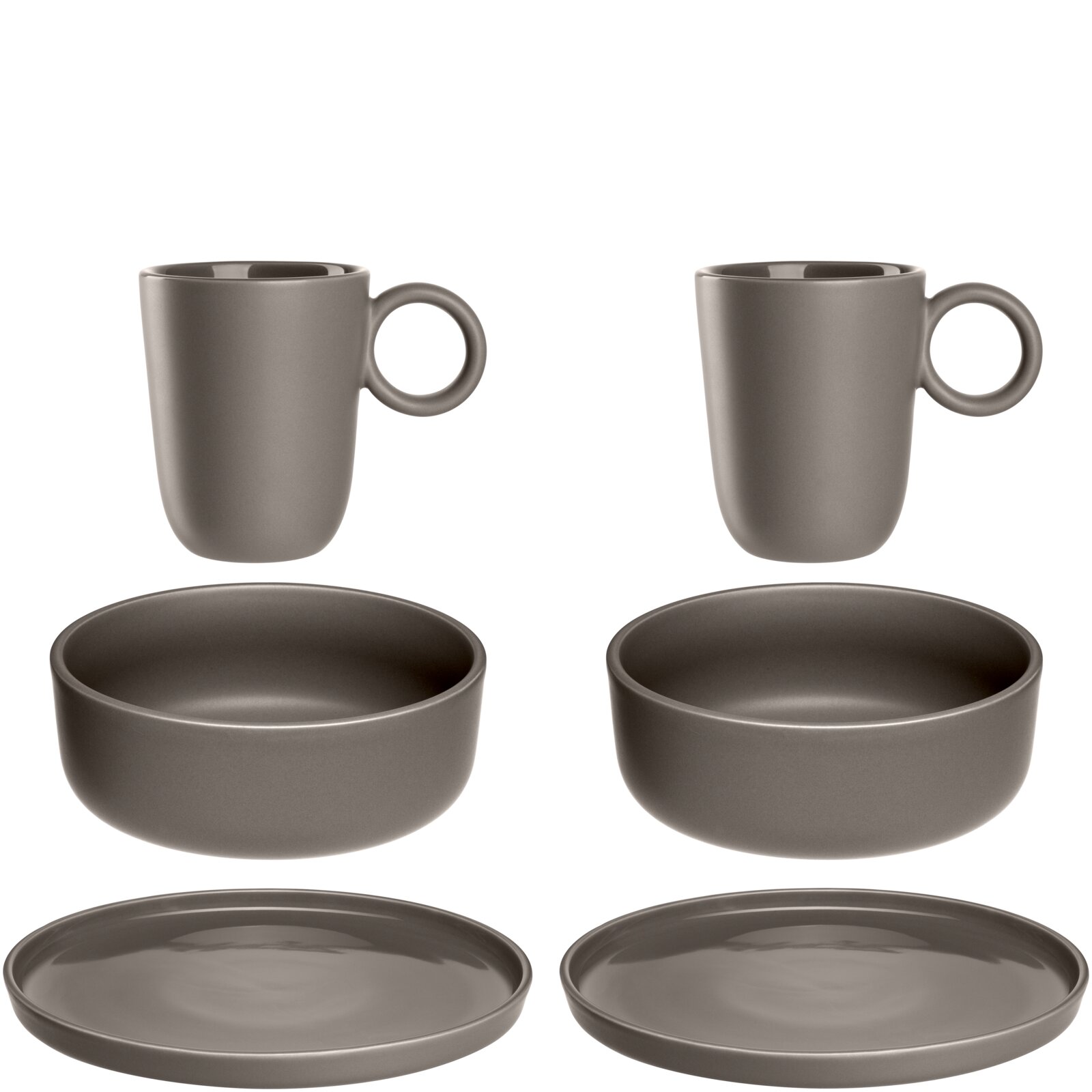 Frühstücksset 6-tlg. in Taupe, bestehend aus zwei Tassen, zwei Schalen und zwei Tellern, aus der Vogelperspektive.