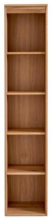Frontale Ansicht eines Aktenregals aus Holz mit fünf Regalböden, ideal für das Büro.