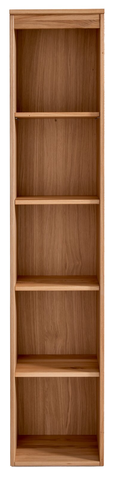 Frontale Ansicht eines Aktenregals aus Holz mit fünf Regalböden, ideal für das Büro.