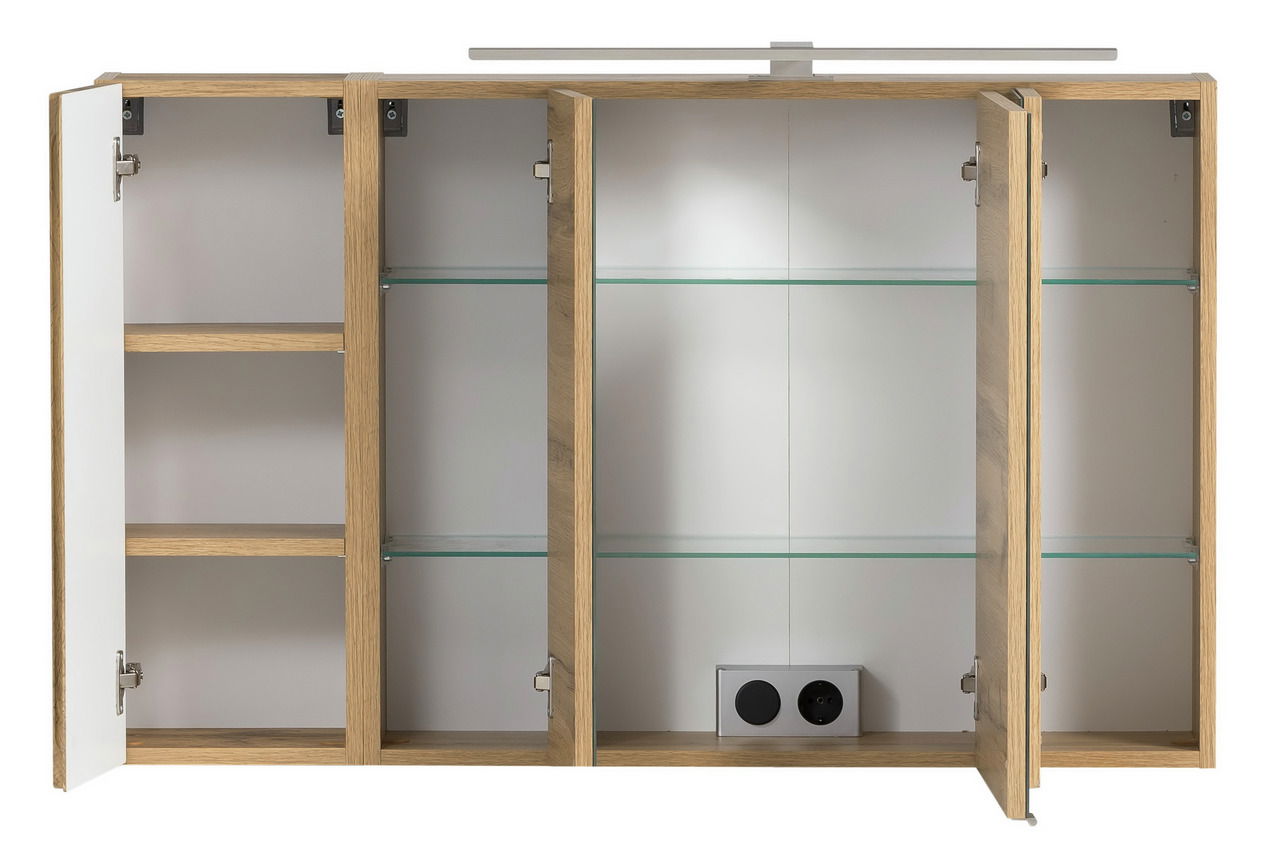 Offener Spiegelschrank mit vier Türen, Holzrahmen und Glasregalen, frontale Ansicht.