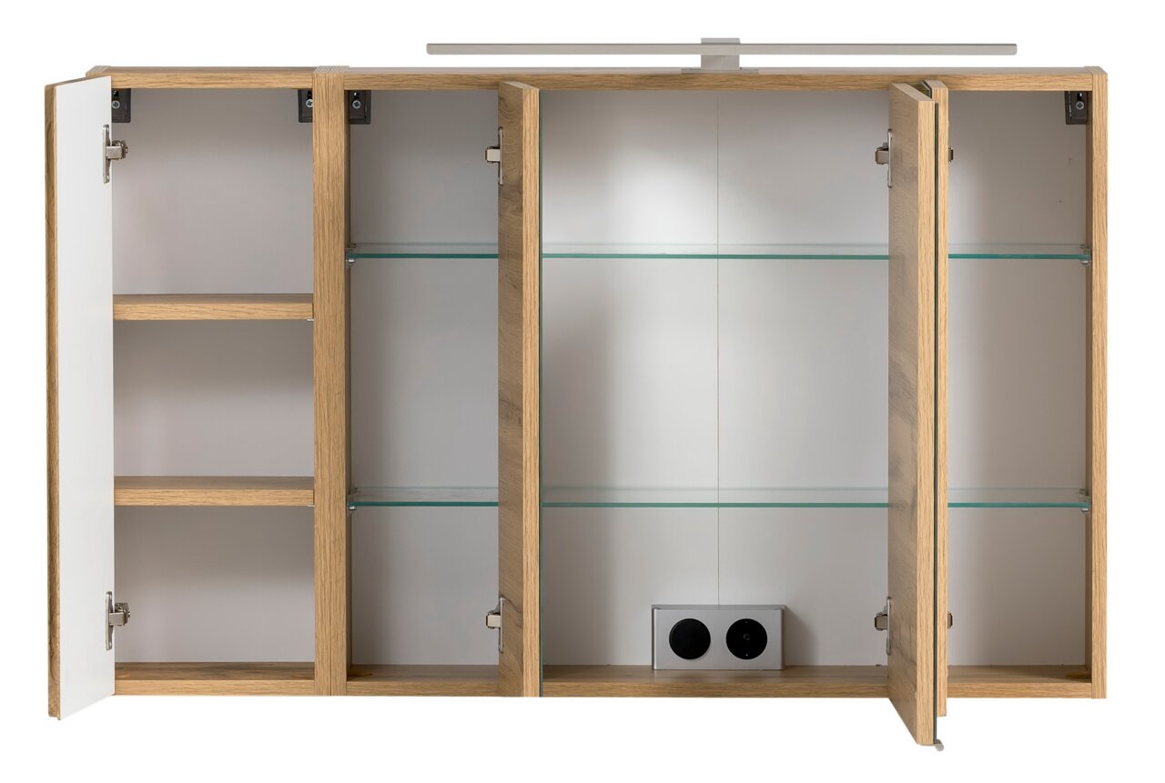 Open spiegelkast met vier deuren, houten frame en glazen planken, vooraanzicht.