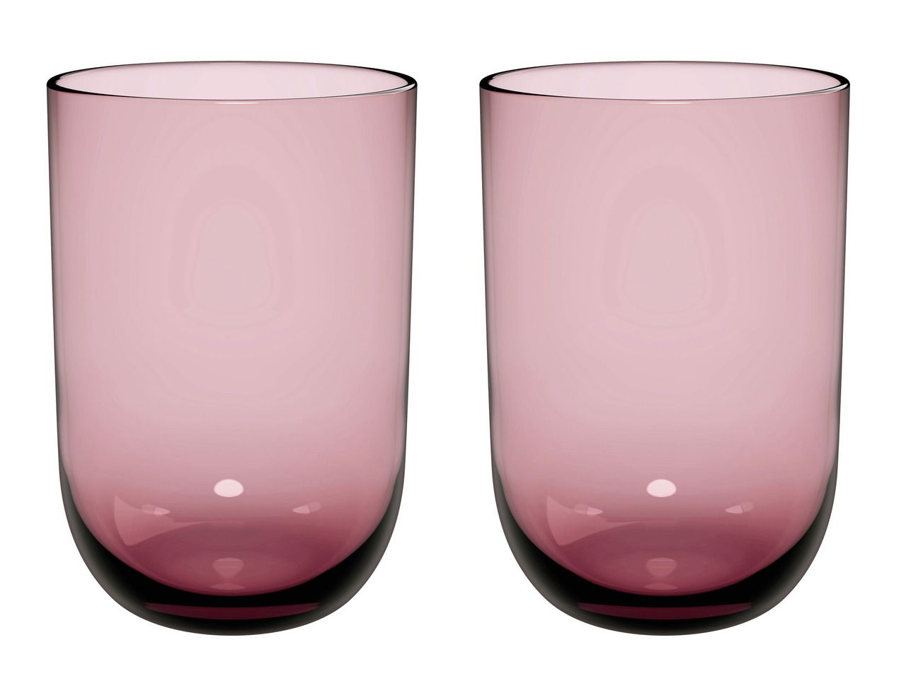Zwei rosafarbene Longdrinkbecher aus Glas, frontal fotografiert.
